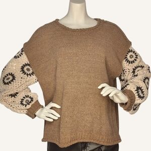 NWT POL Granny Square Crochet Sleeve Sweater Boho Statement Knit Cozy Medium
